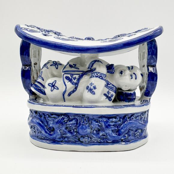 Antique Chinese Neck Pillow Blue and White Chinoiserie Dragon Boat Porcelain - Picture 11 of 13